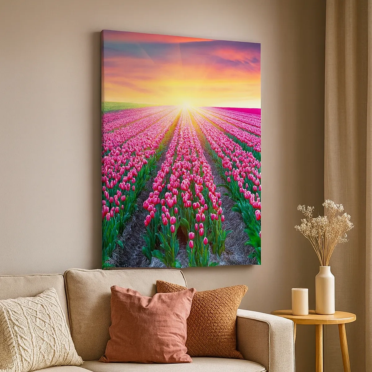 Impression sur toile - Image sur toile - Un champ de tulipes au coucher du soleil - 50x70cm - Ferme de la beauté - Décoration murale moderne pour le salon et la chambre ARTTOR