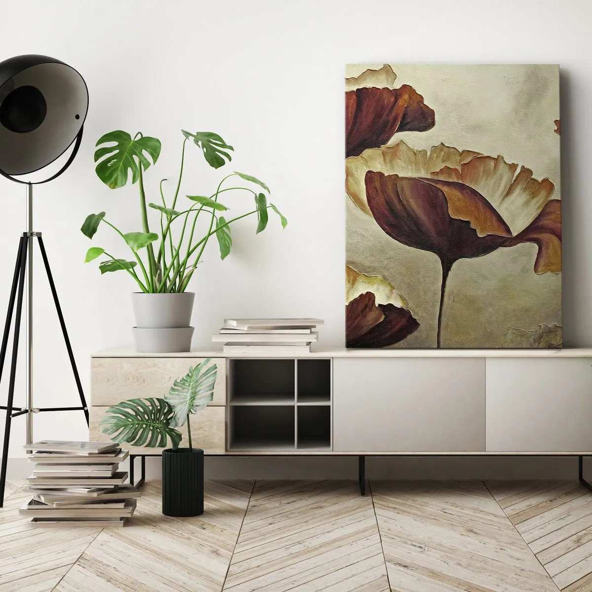 Impression sur toile - Image sur toile - Fleurs subtiles dans des tons de rouge et d'or sur un fond clair - 80x120cm - À la lisière des champs - Décoration murale moderne pour le salon et la chambre ARTTOR