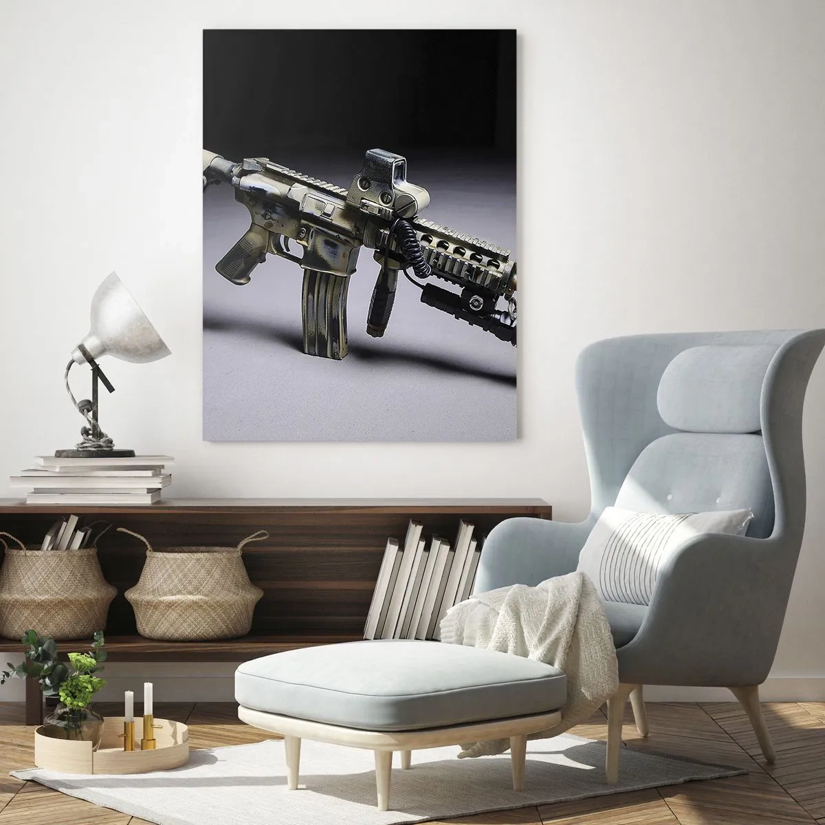 Impression sur verre - Image sur verre - Arme moderne de couleur camouflage sur fond sombre - 80x120cm - Toujours menaçant - Décoration murale moderne pour le salon et la chambre ARTTOR