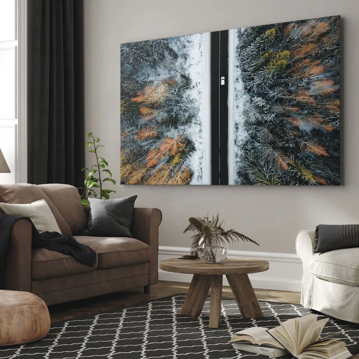 Impression sur toile - Image sur toile - Une route à travers une forêt hivernale vue à vol d'oiseau - 100x70cm - Couper à travers la forêt d'hiver - Décoration murale moderne pour le salon et la chambre ARTTOR