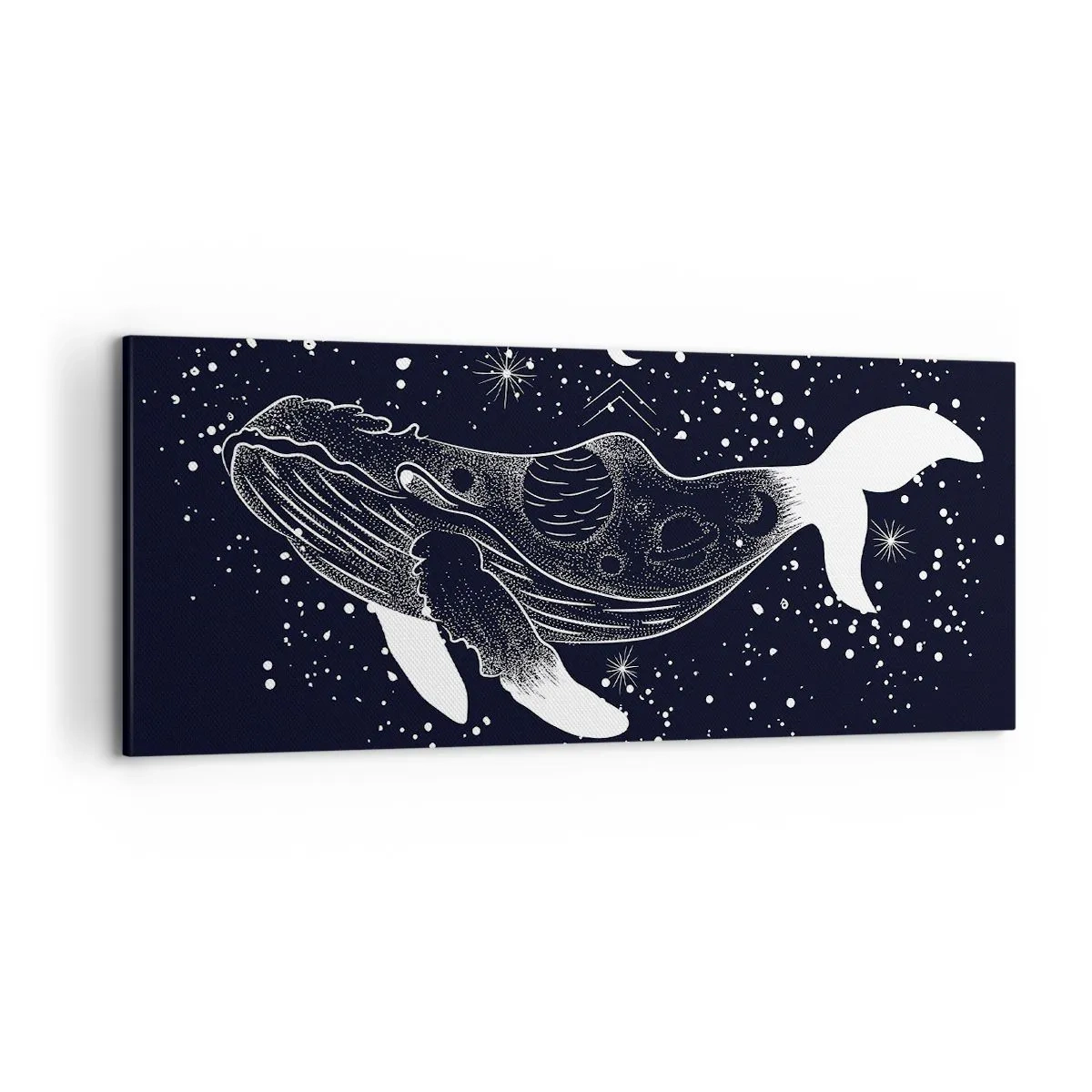 Impression sur toile - Image sur toile - Une illustration graphique d'une baleine dans un style de l'ère spatiale. - 120x50cm - Dans l'océan de l'univers - Décoration murale moderne pour le salon et la chambre ARTTOR