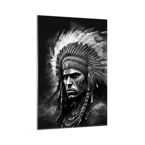 Impression sur verre - Image sur verre - Portrait d'un chef portant une coiffe à plumes sur fond noir - 80x120cm - Un leader et un guerrier - Décoration murale moderne pour le salon et la chambre ARTTOR