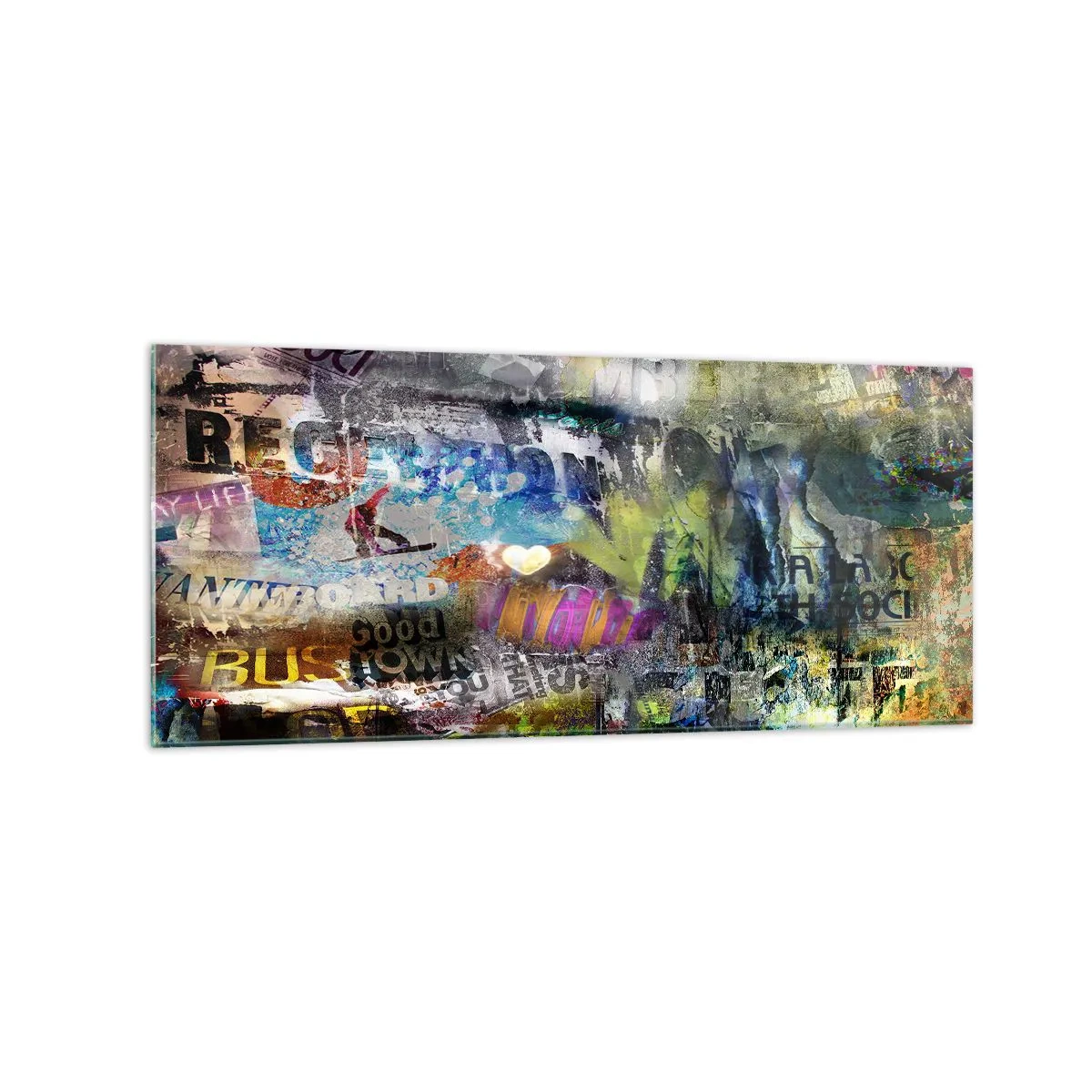 Impression sur verre - Image sur verre - Collage abstrait avec texte et couleurs variées - 120x50cm - Collage de souvenirs - Décoration murale moderne pour le salon et la chambre ARTTOR