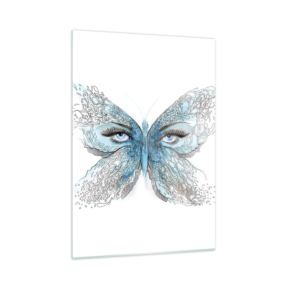 Impression sur verre - Image sur verre - Un papillon aux ailes bleues et aux yeux humains dans un style artistique. - 50x70cm - Mésange bleue Eros - Décoration murale moderne pour le salon et la chambre ARTTOR