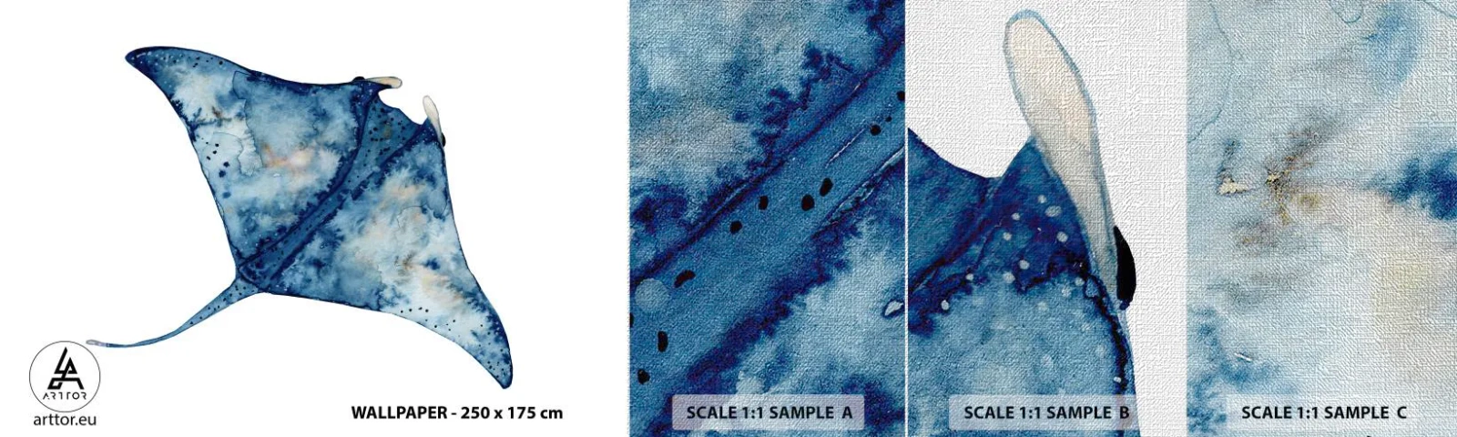 Échantillon de Papier Peint Premium Canvas - La vie en bleu - Raie, Poisson, Style bord de mer - 100x30 cm