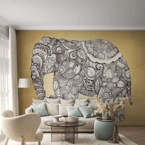 Papier Peint Photo Premium Sand - Éléphant décoratif de style oriental sur fond jaune - 100x70cm - L'éléphant s'est apprêté - Décoration murale moderne pour le salon et la chambre ARTTOR