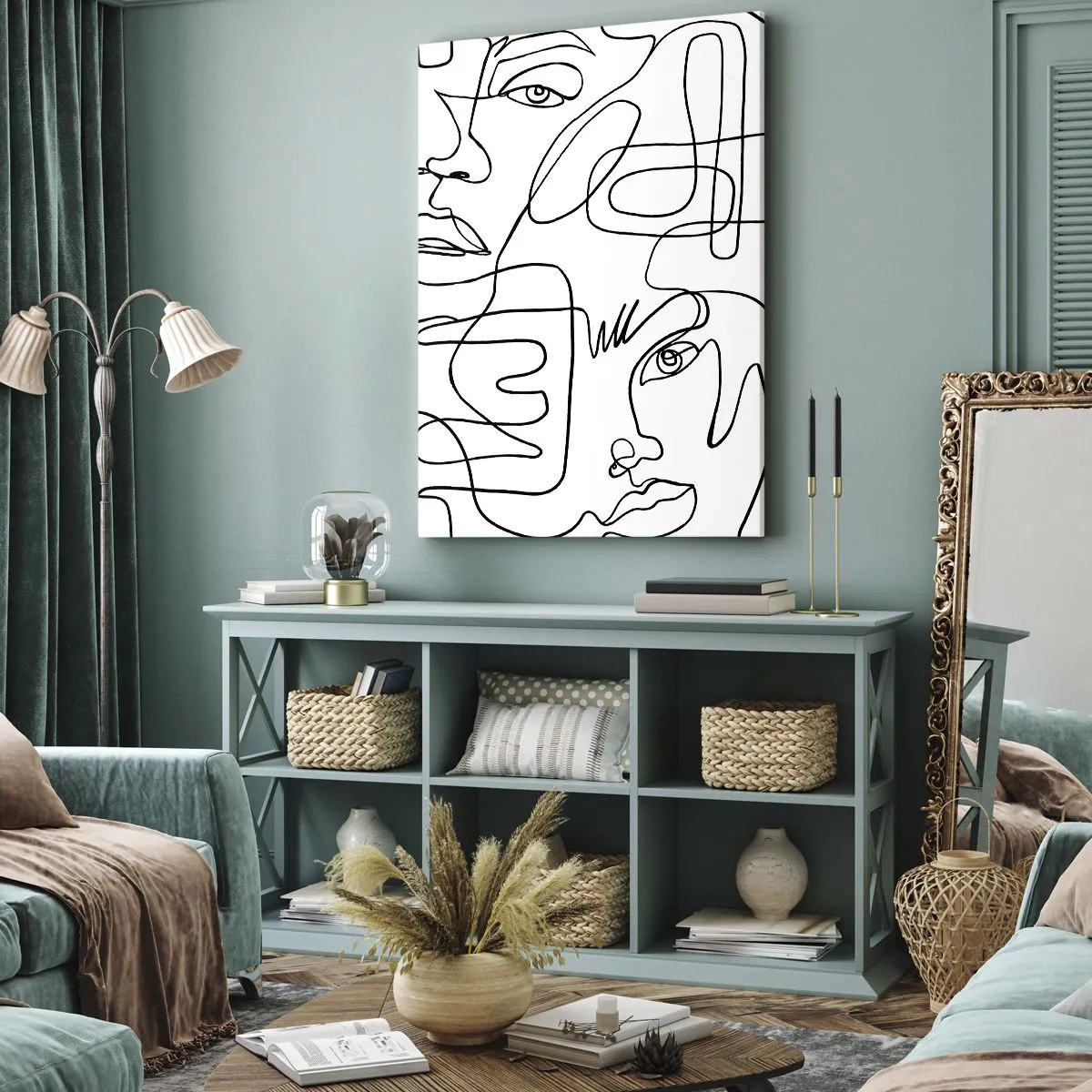 Impression sur toile - Image sur toile - Un dessin minimaliste d'un visage avec des lignes sur un fond clair. - 70x100cm - Dans des émotions enchevêtrées - Décoration murale moderne pour le salon et la chambre ARTTOR