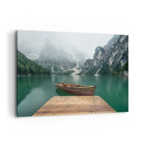 Impression sur toile - Image sur toile - Un bateau en bois sur un quai sur un lac entouré de montagnes - 120x80cm - Faire face à la fierté des rochers - Décoration murale moderne pour le salon et la chambre ARTTOR