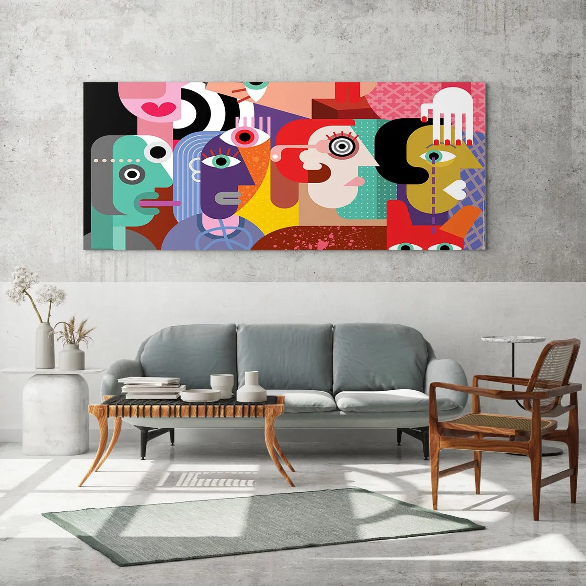 Impression sur verre - Image sur verre - Abstraction colorée avec des visages géométriques - 120x50cm - Nous par M. Picasso - Décoration murale moderne pour le salon et la chambre ARTTOR