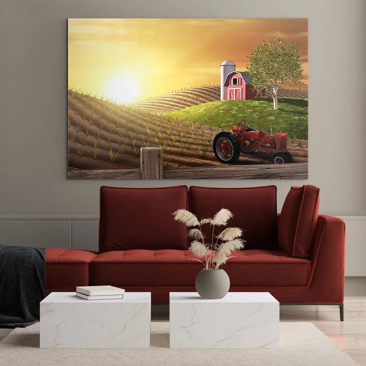 Impression sur verre - Image sur verre - Coucher de soleil sur une ferme avec un champ et un tracteur - 100x70cm - Une ferme comme dans un conte de fées - Décoration murale moderne pour le salon et la chambre ARTTOR
