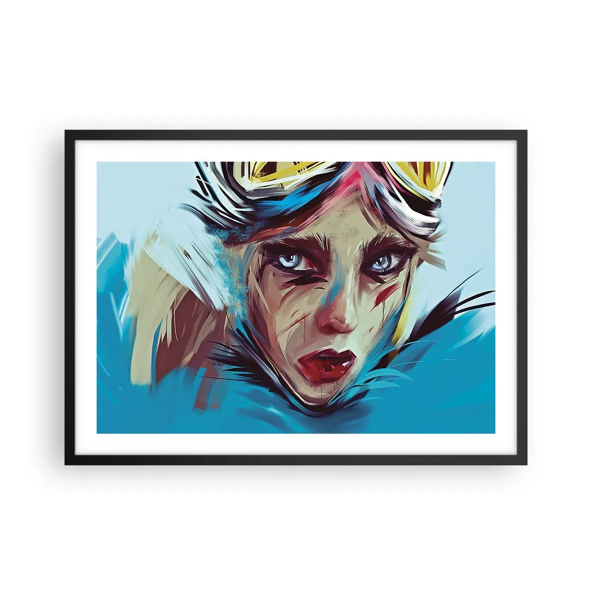 Affiche dans un cadre noir - Poster - Portrait d'une femme aux couleurs dynamiques et au style abstrait - 70x50cm - Guerrière errante - Décoration murale moderne pour le salon et la chambre ARTTOR