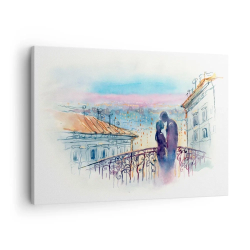Impression sur toile - Image sur toile - Couple romantique sur un balcon avec vue sur la ville - 70x50cm - Amoureux de Paris - Décoration murale moderne pour le salon et la chambre ARTTOR