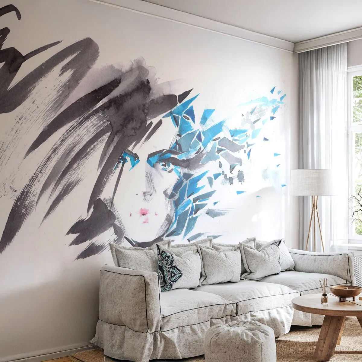 Papier Peint Photo Standard Eco - Portrait sensuel en gris et bleu - Femme, Visage de femme, Abstraction - 500x350 cm