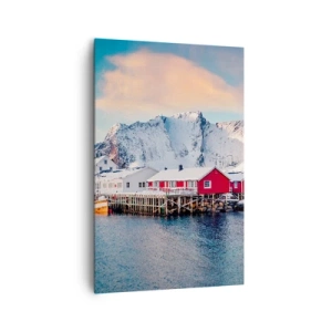 Impression sur toile - Image sur toile - Maisons rouges sur fond de montagnes enneigées et de mer bleue - 80x120cm - Retraite dans le nord - Décoration murale moderne pour le salon et la chambre ARTTOR