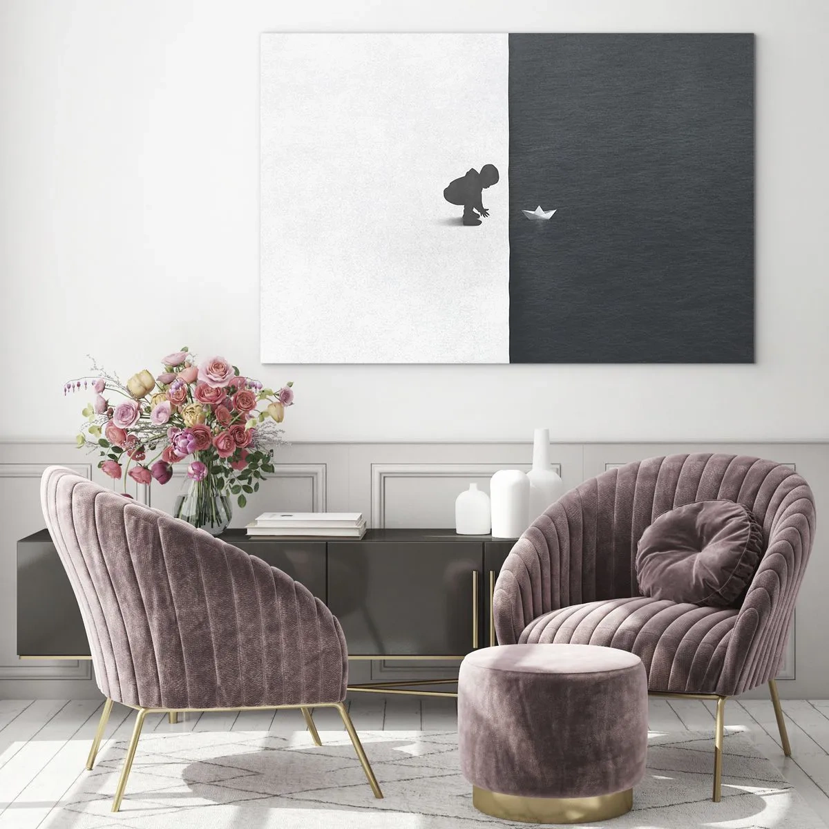 Impression sur verre - Image sur verre - Silhouette d'un enfant lançant un bateau en papier dans l'eau - 120x80cm - Grande expédition - Décoration murale moderne pour le salon et la chambre ARTTOR