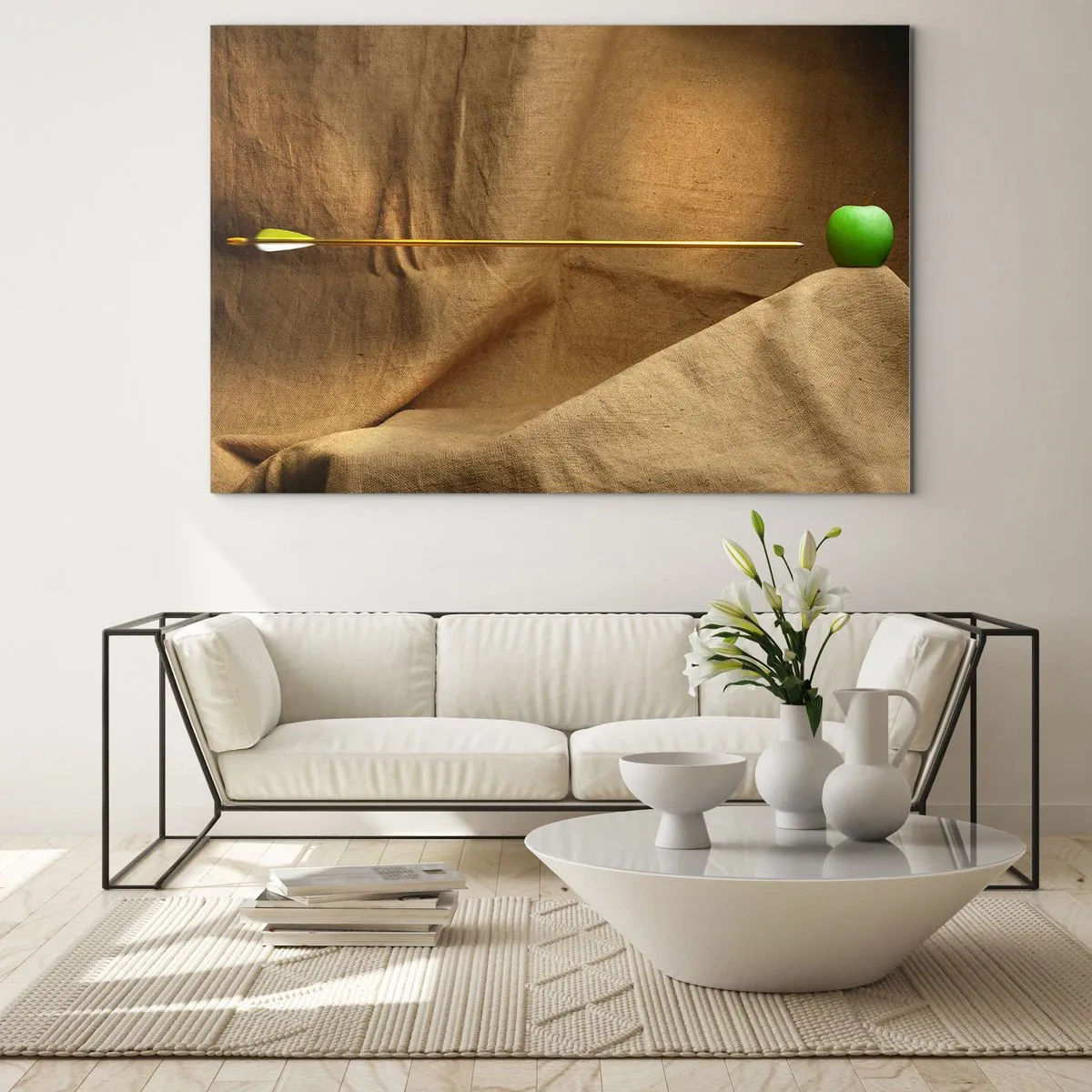 Impression sur verre - Image sur verre - Une pomme verte sur fond beige avec une flèche la transperçant. - 120x80cm - Invoquer l'esprit de Guillaume Tell - Décoration murale moderne pour le salon et la chambre ARTTOR