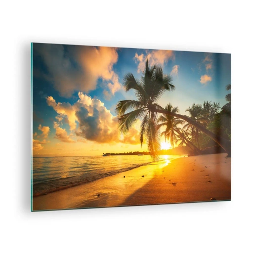Impression sur verre - Image sur verre - Plage tropicale avec palmiers au coucher du soleil - 70x50cm - Rêve caribéen - Décoration murale moderne pour le salon et la chambre ARTTOR