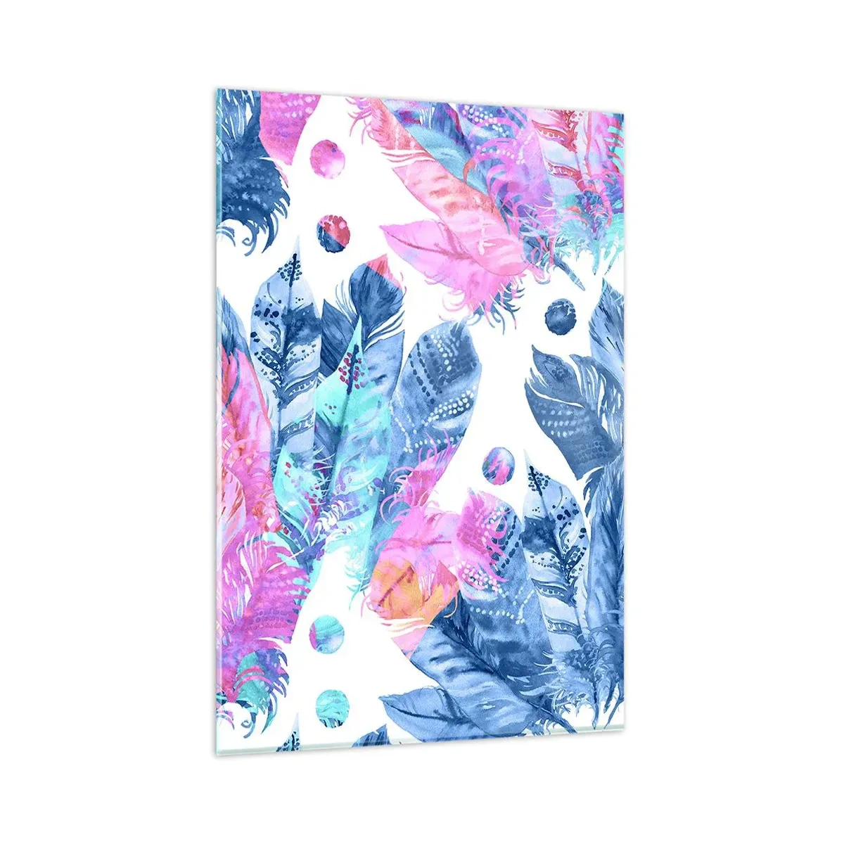 Impression sur verre - Image sur verre - Motif abstrait avec des plumes colorées dans des tons pastel - 80x120cm - Plumes en rose et bleu - Décoration murale moderne pour le salon et la chambre ARTTOR
