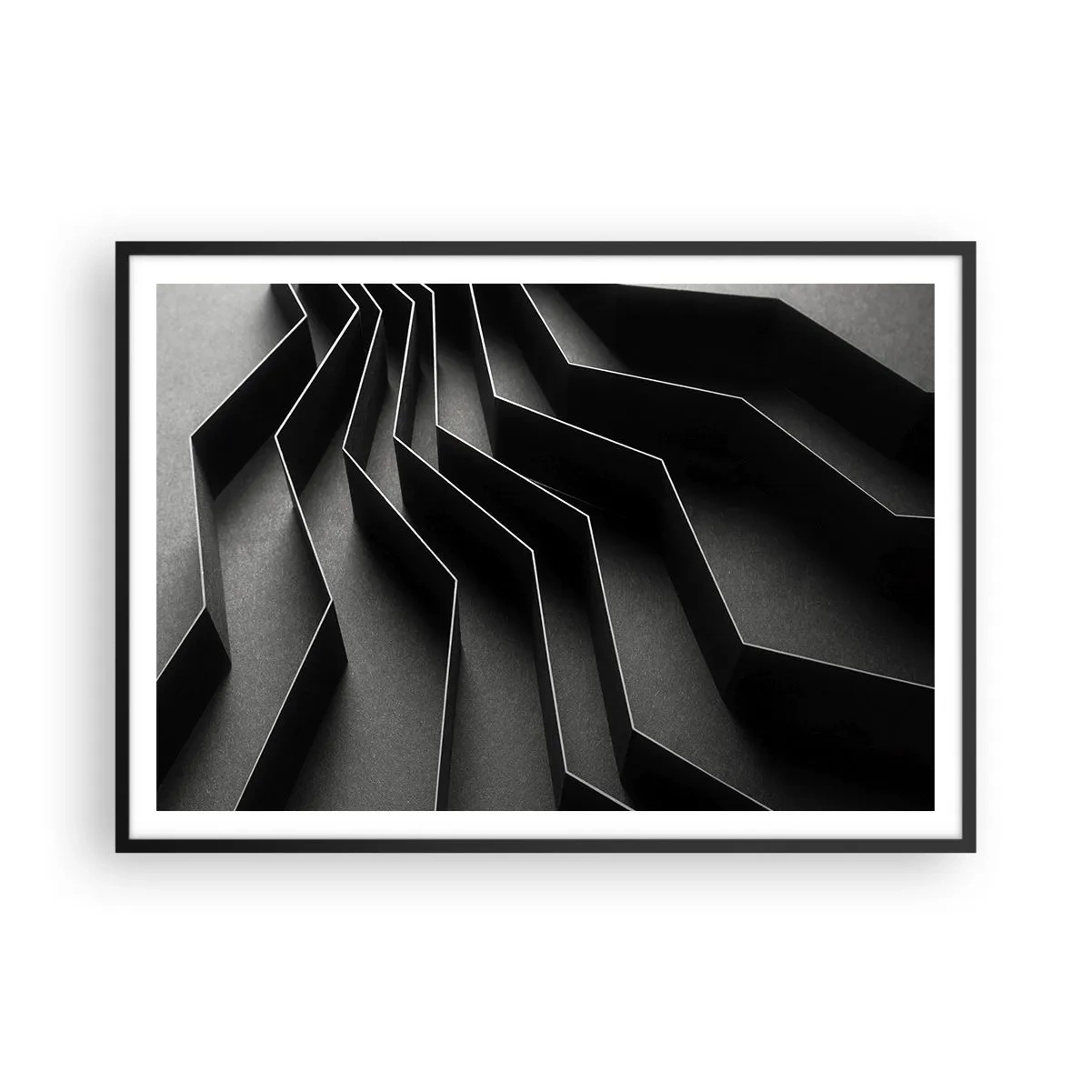 Affiche dans un cadre noir - Poster - Abstraction en noir et blanc avec des structures géométriques - 100x70cm - Ordre spatial - Décoration murale moderne pour le salon et la chambre ARTTOR