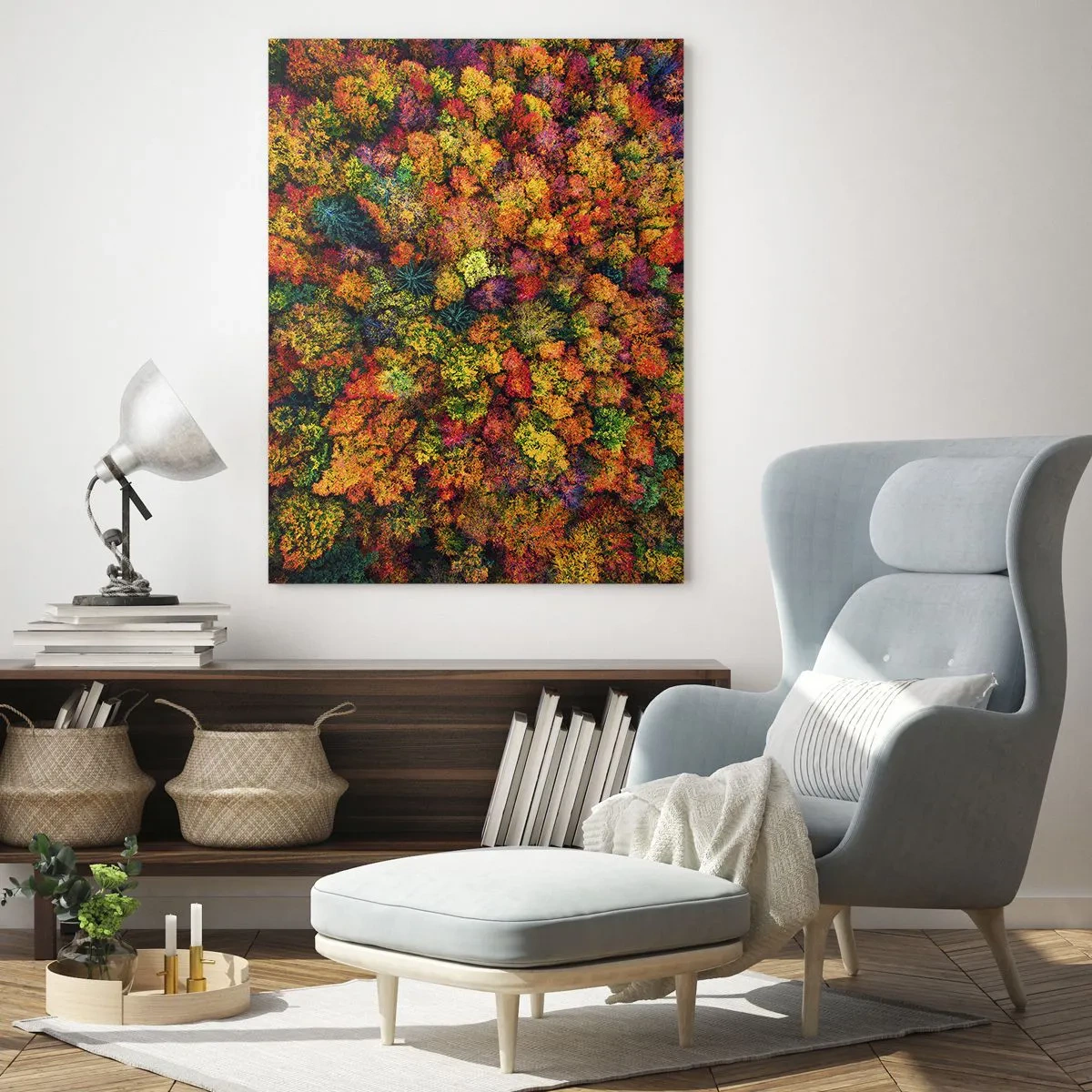 Impression sur verre - Image sur verre - Couronnes d'arbres colorées dans la palette d'automne - 80x120cm - Bouquet d'arbres automnal - Décoration murale moderne pour le salon et la chambre ARTTOR