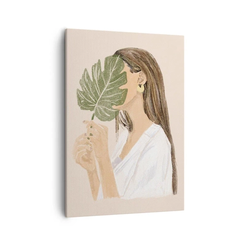 Impression sur toile - Image sur toile - Portrait d'une femme avec une feuille de monstera sur fond beige - 50x70cm - Portrait mystérieux avec un éventail - Décoration murale moderne pour le salon et la chambre ARTTOR