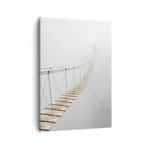 Impression sur toile - Image sur toile - Un pont suspendu dans le brouillard vu d'une perspective minimaliste - 50x70cm - Où cela va-t-il te mener? - Décoration murale moderne pour le salon et la chambre ARTTOR
