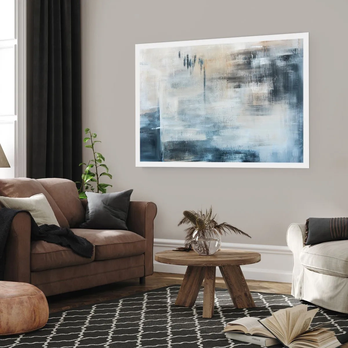 Affiche - Poster - Composition abstraite dans les tons de bleu et de gris - 100x70cm - Derrière le rideau bleu - Décoration murale moderne pour le salon et la chambre ARTTOR