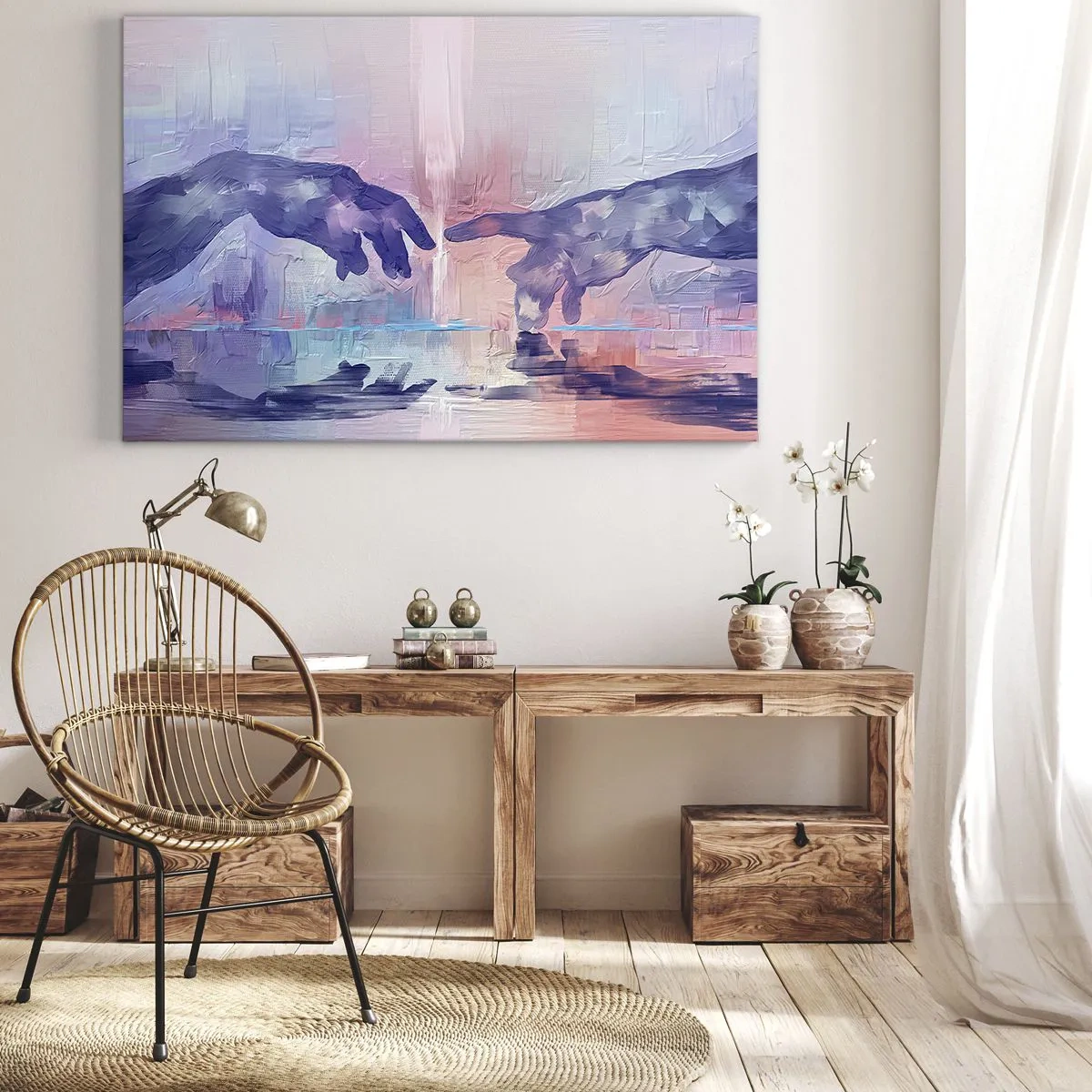 Impression sur toile - Image sur toile - Mains symboliques aux couleurs abstraites, faisant référence au thème de la création - 120x80cm - Divine étincelle de vie - Décoration murale moderne pour le salon et la chambre ARTTOR