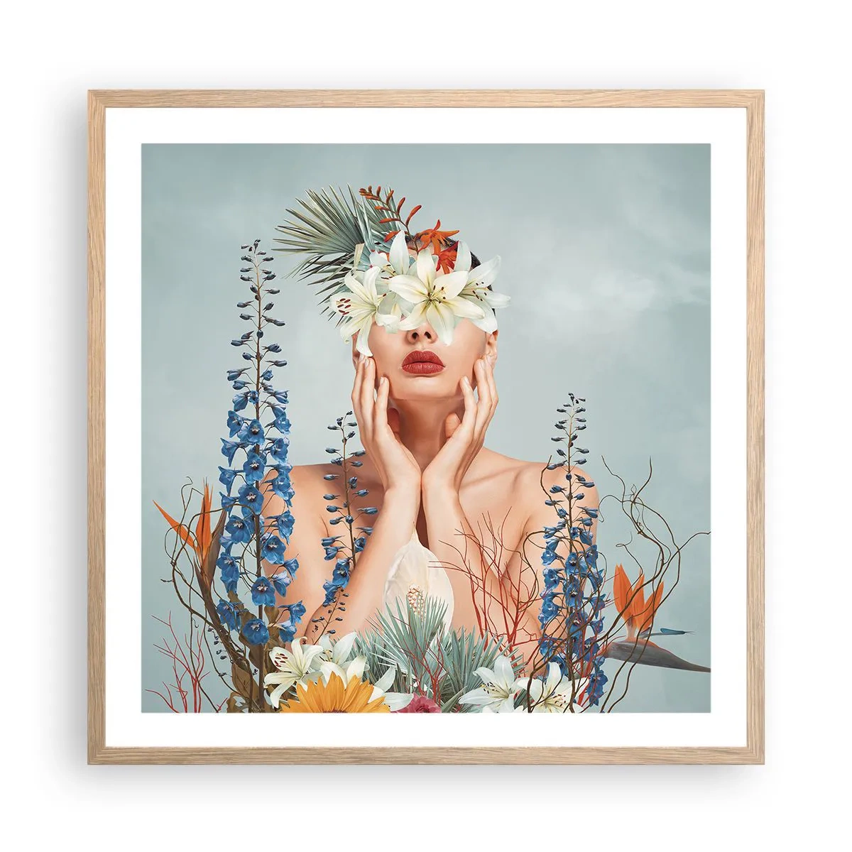 Affiche dans un chêne clair - Poster - Femme - fleur - 60x60 cm