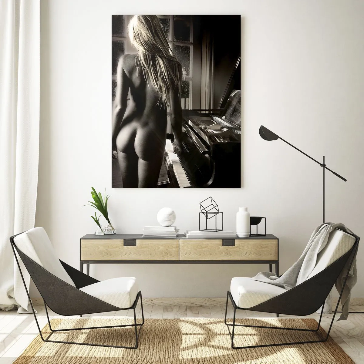 Impression sur verre - Image sur verre - Nu féminin au piano en noir et blanc - 70x100cm - Harmonie parfaite du soir - Décoration murale moderne pour le salon et la chambre ARTTOR