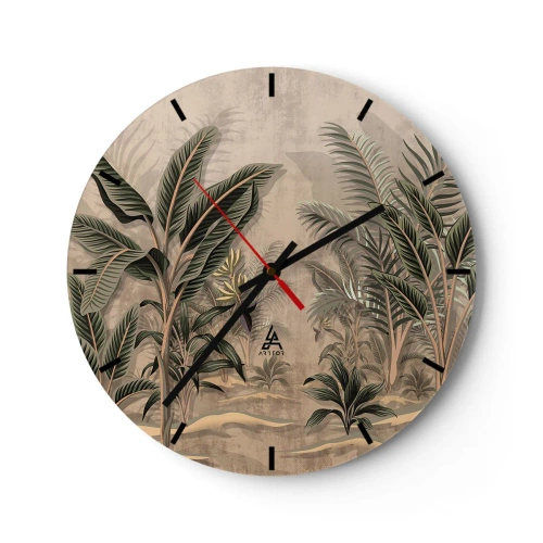 Horloge murale - Pendule murale - Végétation tropicale à la manière d'une gravure sur fond beige - 30x30cm - Une gravure de style colonial - Décoration murale moderne pour le salon, la cuisine et la chambre ARTTOR