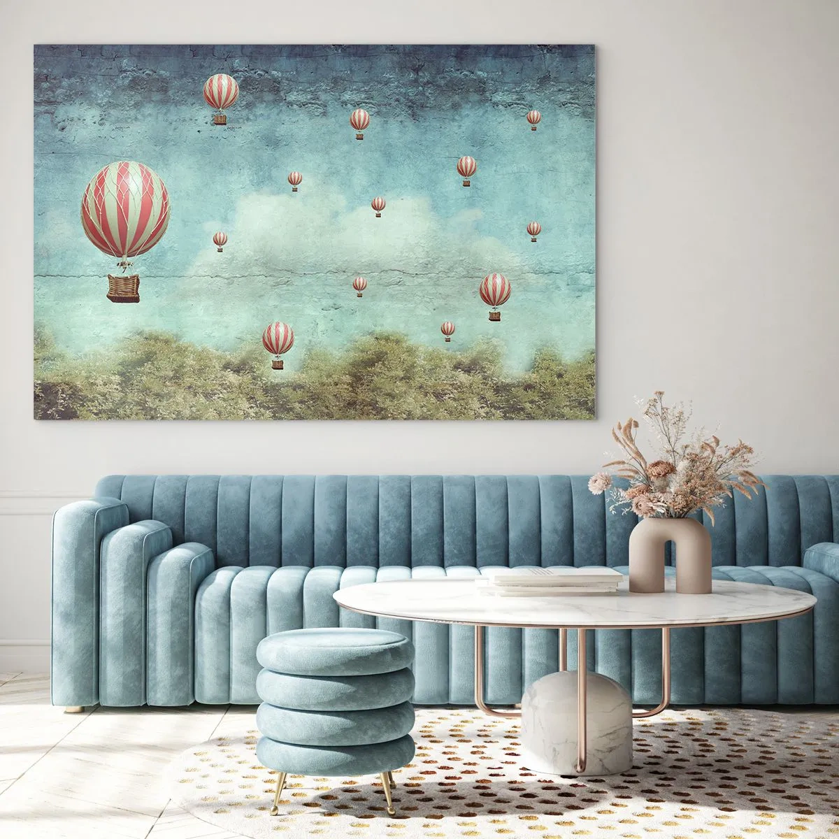 Impression sur verre - Image sur verre - Des ballons flottant au-dessus d'un paysage verdoyant - 120x80cm - Libre de l'agitation de la vie - Décoration murale moderne pour le salon et la chambre ARTTOR