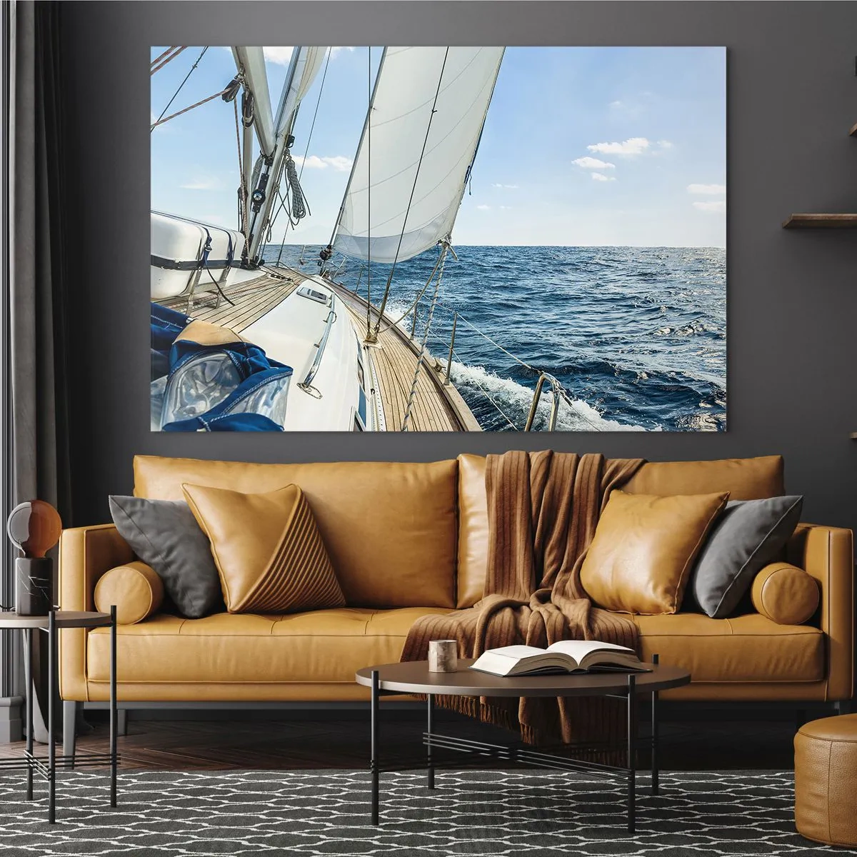 Impression sur verre - Image sur verre - Un yacht en pleine mer avec ses voiles déployées - 70x50cm - Ohé, l'aventure - Décoration murale moderne pour le salon et la chambre ARTTOR