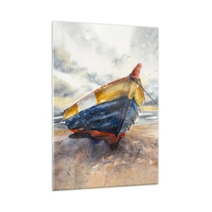 Impression sur verre - Image sur verre - Un bateau coloré sur la plage par temps nuageux - 50x70cm - Repos sur le rivage - Décoration murale moderne pour le salon et la chambre ARTTOR