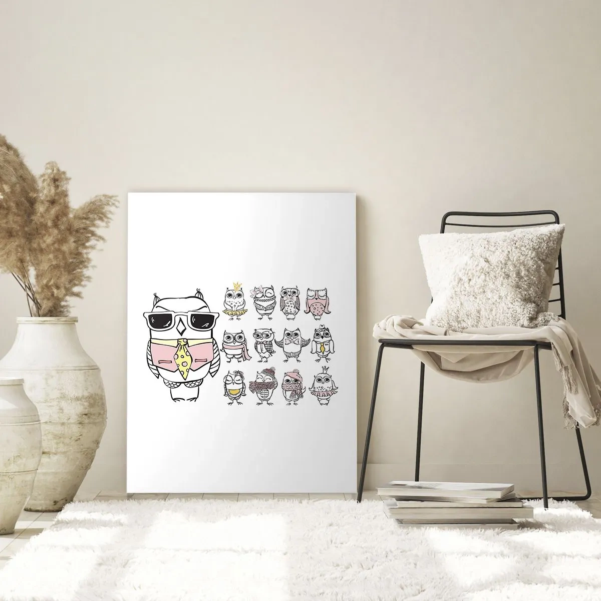 Impression sur verre - Image sur verre - Dessins amusants de hiboux dans différents styles - 50x70cm - Tant de rôles à jouer - Décoration murale moderne pour le salon et la chambre ARTTOR