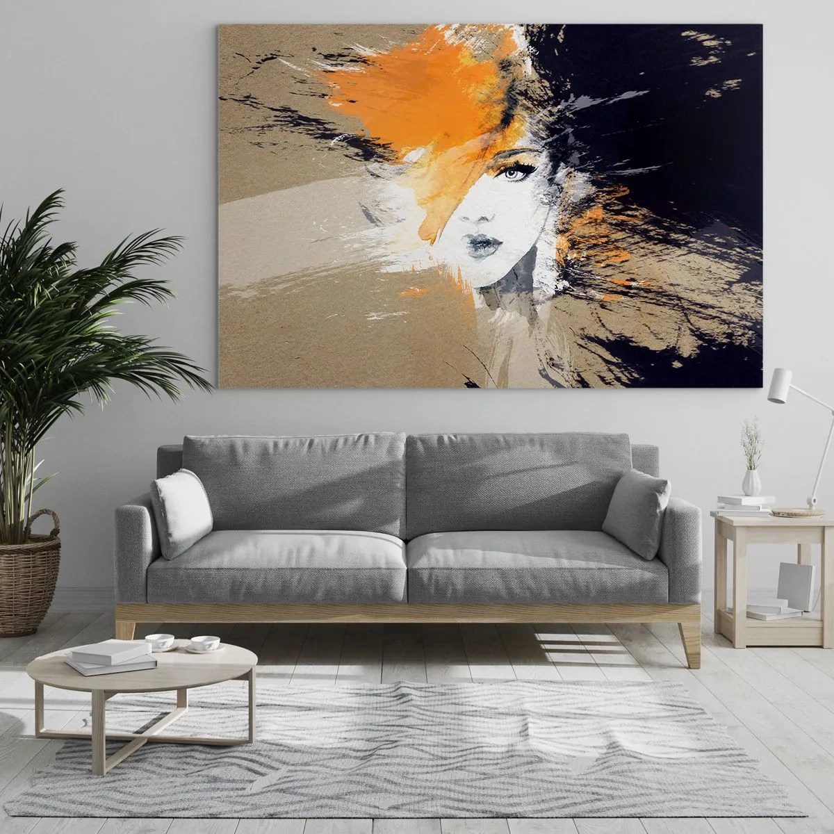 Impression sur verre - Image sur verre - Portrait abstrait d'une femme aux accents orange - 120x80cm - Et la lumière fut - Décoration murale moderne pour le salon et la chambre ARTTOR