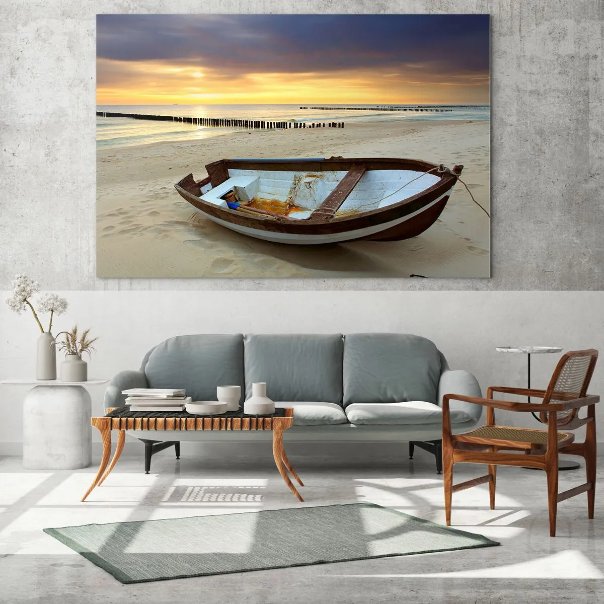 Impression sur verre - Image sur verre - Un bateau sur une plage de sable au lever du soleil - 100x70cm - Il n'y a pas de plus belles plages - Décoration murale moderne pour le salon et la chambre ARTTOR