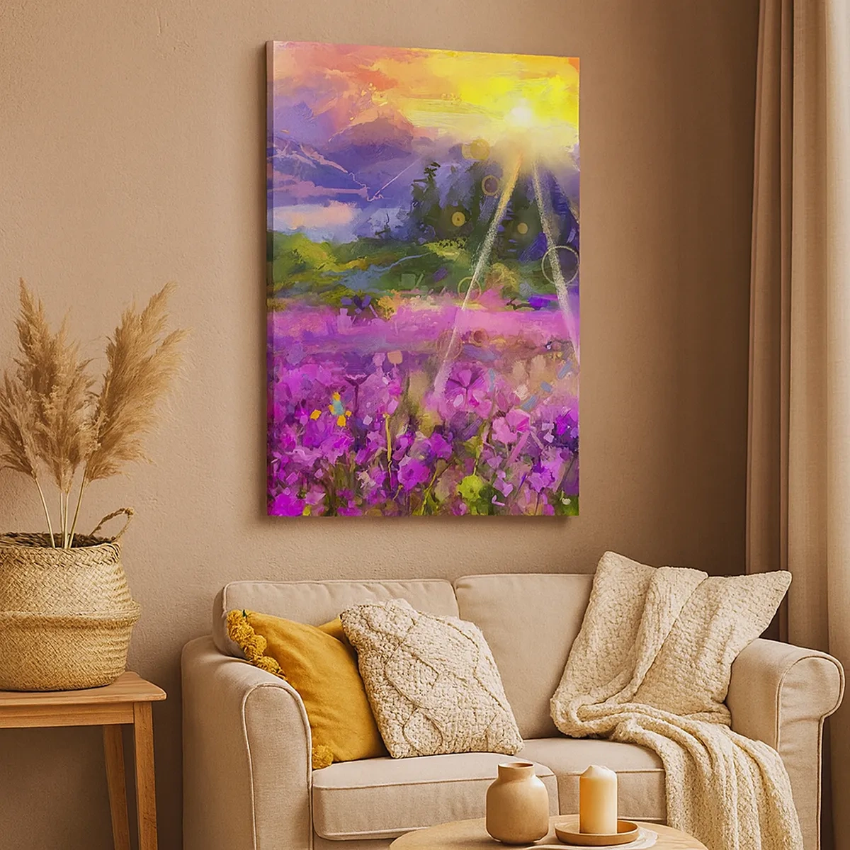 Impression sur toile - Image sur toile - Une prairie pittoresque sous les rayons du soleil couchant - 50x70cm - Dans la vallée à l'abri du soleil - Décoration murale moderne pour le salon et la chambre ARTTOR