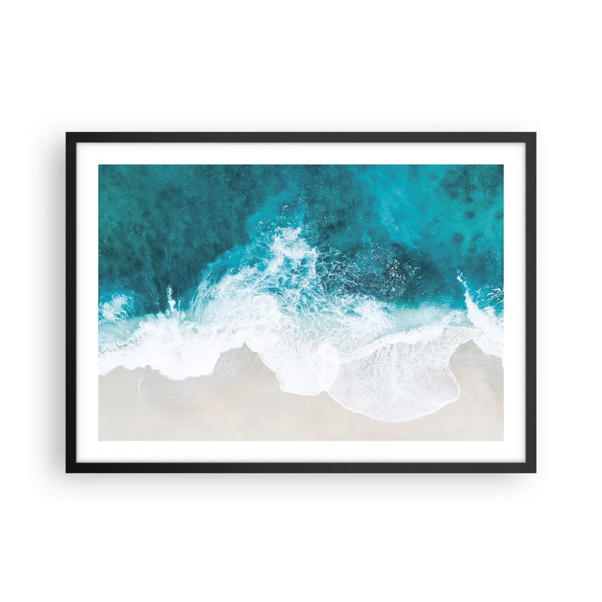 Affiche dans un cadre noir - Poster - Vagues turquoise de l'océan sur du sable clair - 70x50cm - Caresse naturelle - Décoration murale moderne pour le salon et la chambre ARTTOR