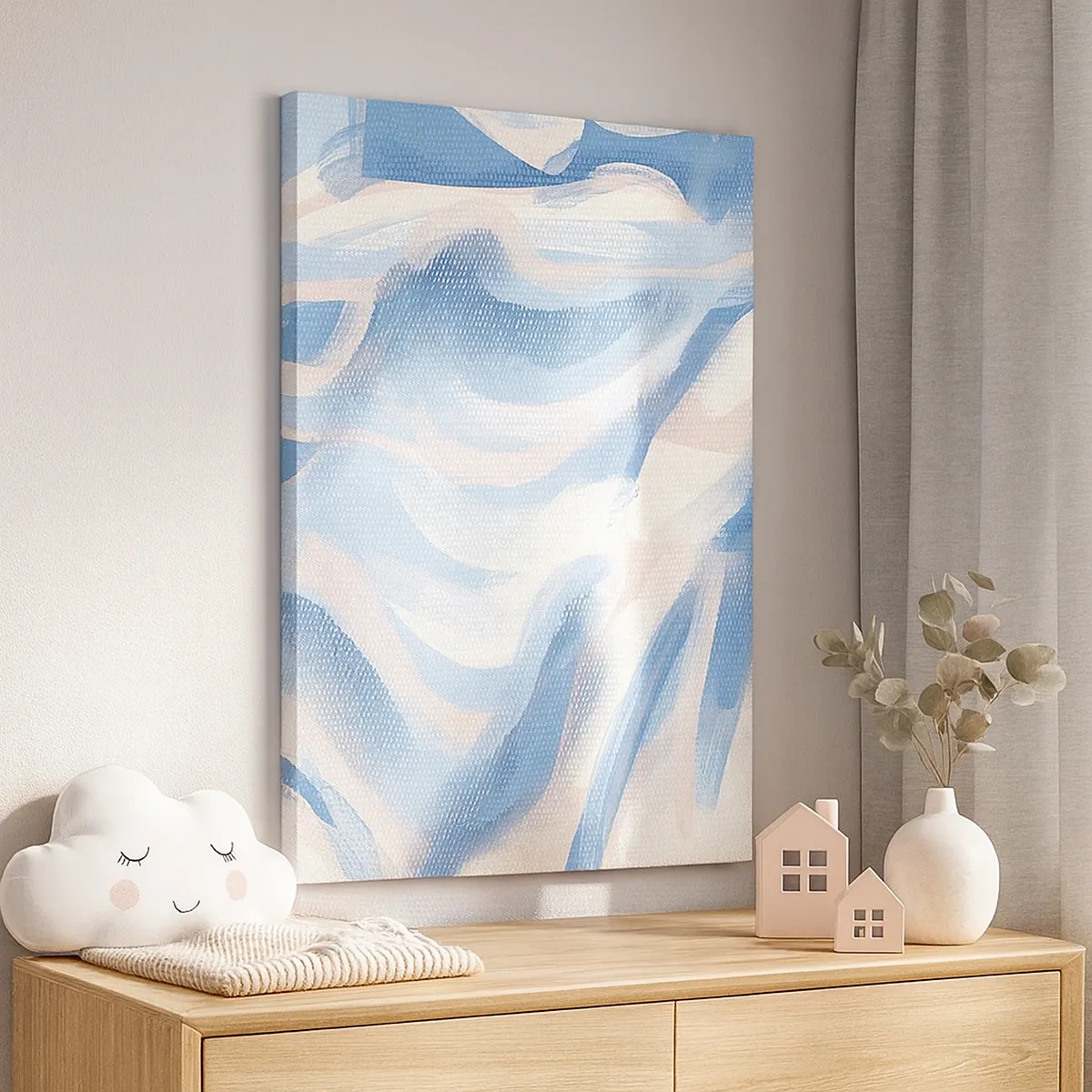 Impression sur toile - Image sur toile - Coups de pinceau abstraits dans des tons de bleu et de beige - 50x70cm - Vagues bleues - Décoration murale moderne pour le salon et la chambre ARTTOR