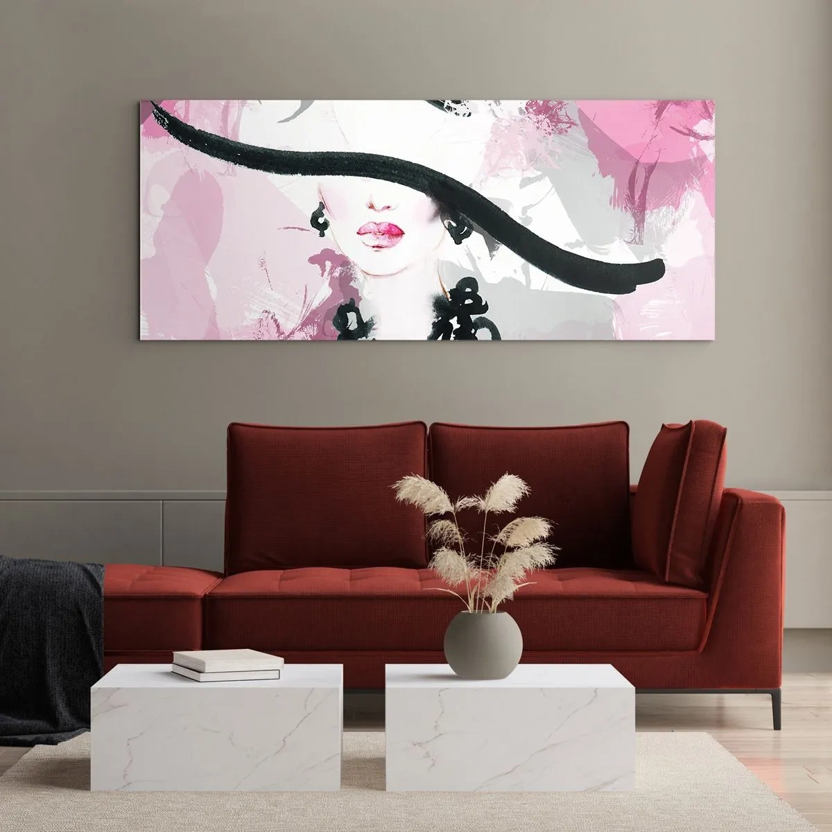 Impression sur verre - Image sur verre - Une femme élégante avec un chapeau sur un fond d'abstractions roses. - 160x50cm - Portrait d'une dame en noir et rose - Décoration murale moderne pour le salon et la chambre ARTTOR