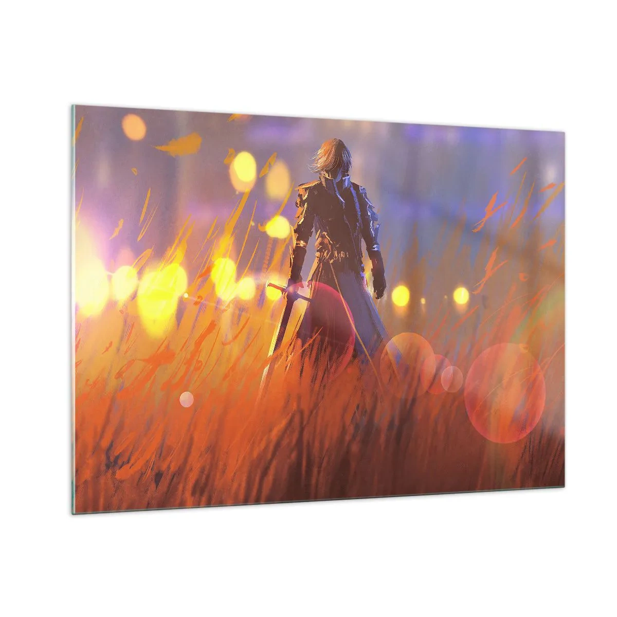 Impression sur verre - Image sur verre - Une silhouette en armure parmi l'herbe orange avec un fond lumineux. - 100x70cm - Chevalier errant - Décoration murale moderne pour le salon et la chambre ARTTOR