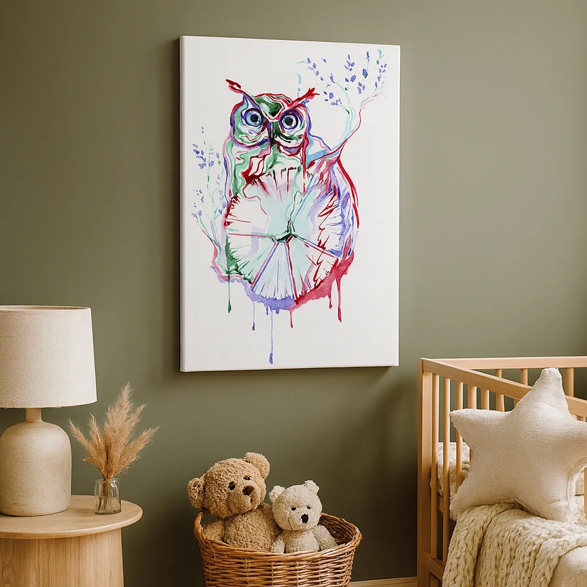 Impression sur toile - Image sur toile - Chouette aquarelle colorée dans un style artistique - 50x70cm - Sage par nature - Décoration murale moderne pour le salon et la chambre ARTTOR