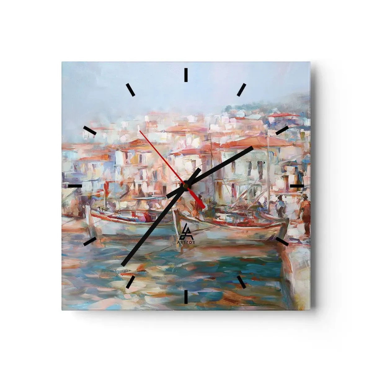 Horloge murale - Pendule murale - Impression de port avec bateaux et bâtiments - 30x30cm - Vacances pastelles - Décoration murale moderne pour le salon et la chambre ARTTOR
