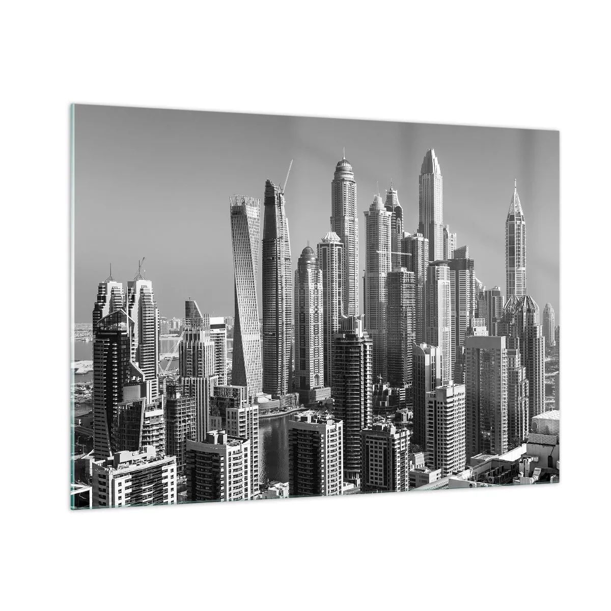 Impression sur verre - Image sur verre - Panorama noir et blanc des gratte-ciels de la ville - 100x70cm - Ville sur le désert - Décoration murale moderne pour le salon et la chambre ARTTOR