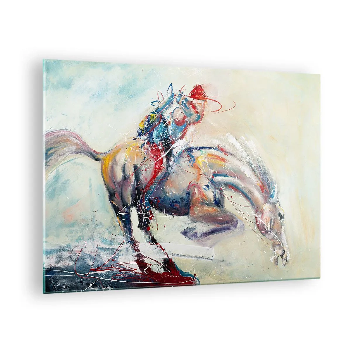Impression sur verre - Image sur verre - Une image abstraite d'un cheval en mouvement dynamique. - 70x50cm - Accrochez-vous, nous décollons - Décoration murale moderne pour le salon et la chambre ARTTOR