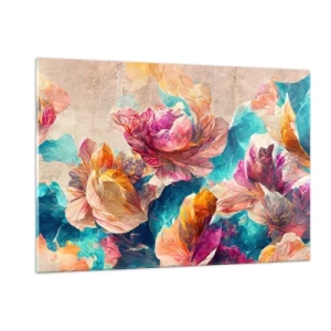 Impression sur verre - Image sur verre - Fleurs colorées sur fond aquarelle - 120x80cm - Splendeur colorée du bouquet - Décoration murale moderne pour le salon et la chambre ARTTOR