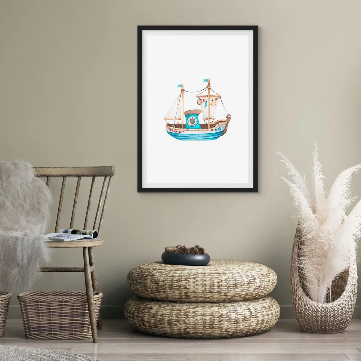 Affiche dans un cadre noir - Poster - Aquarelle de bateau dans des tons pastel de bleu et de beige - 50x70cm - Ohé, l'aventure ! - Décoration murale moderne pour le salon et la chambre ARTTOR
