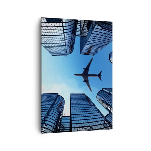 Impression sur toile - Image sur toile - Un avion survolant des gratte-ciels modernes dans le centre-ville. - 70x100cm - La vue depuis le ravin de verre - Décoration murale moderne pour le salon et la chambre ARTTOR