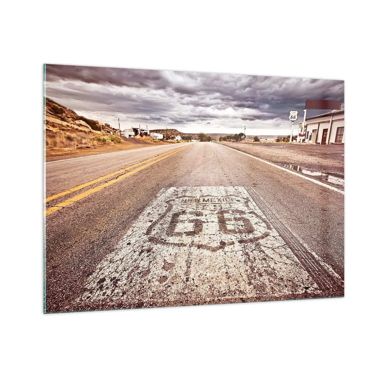Impression sur verre - Image sur verre - Route 66 avec vue sur l'horizon - 100x70cm - Mother Road - une légende américaine - Décoration murale moderne pour le salon et la chambre ARTTOR